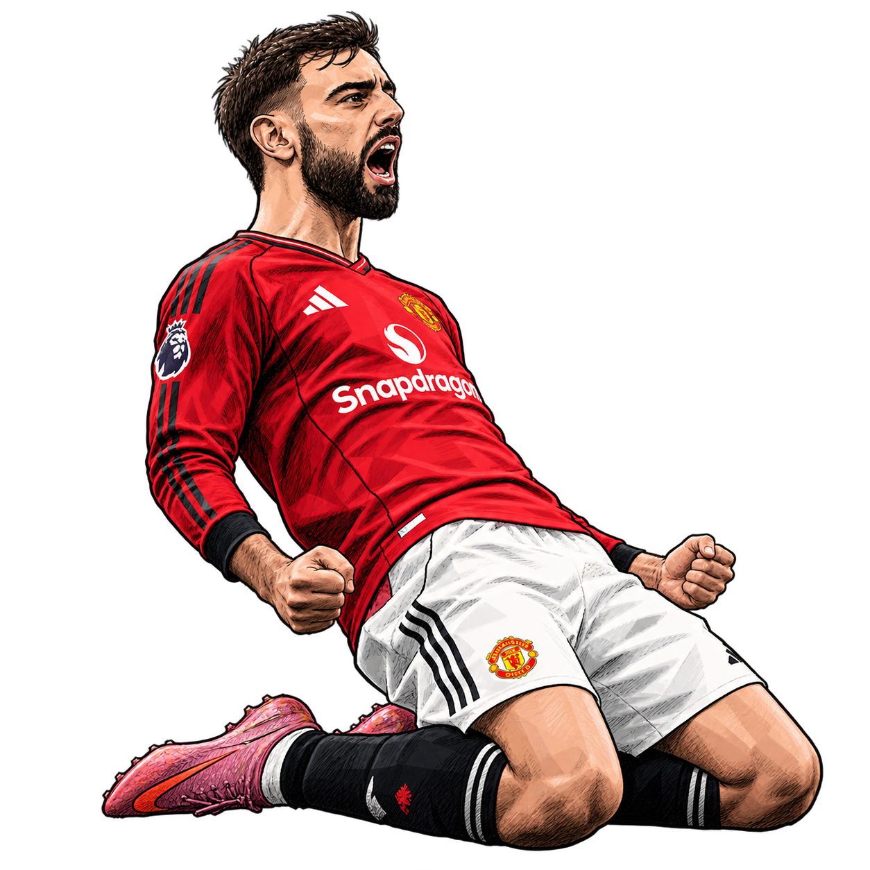 Illustration of Bruno Fernandes celebrating with a knee slide in his red Manchester United jersey