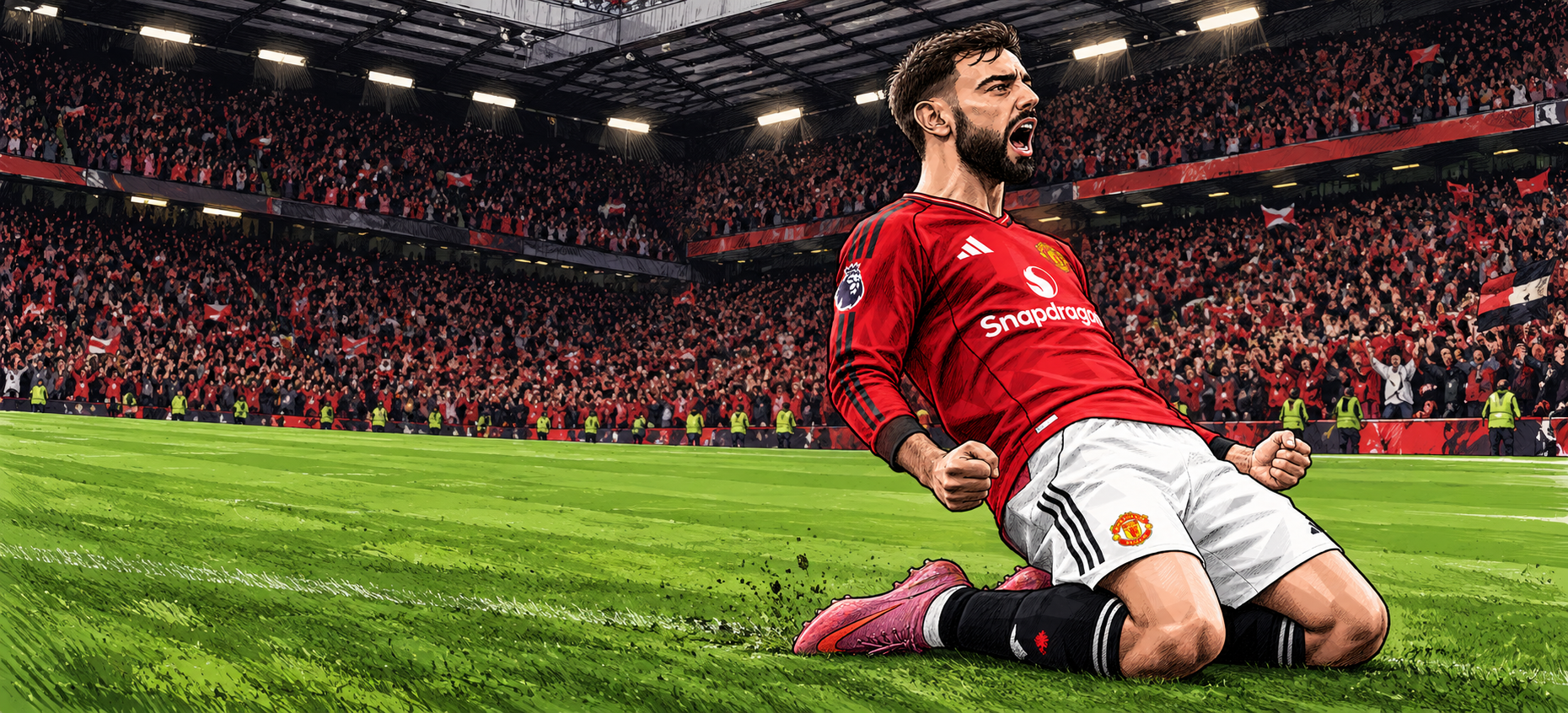 Illustration of Bruno Fernandes celebrating a knee slide on the Old Trafford pitch in front of a packed crowd